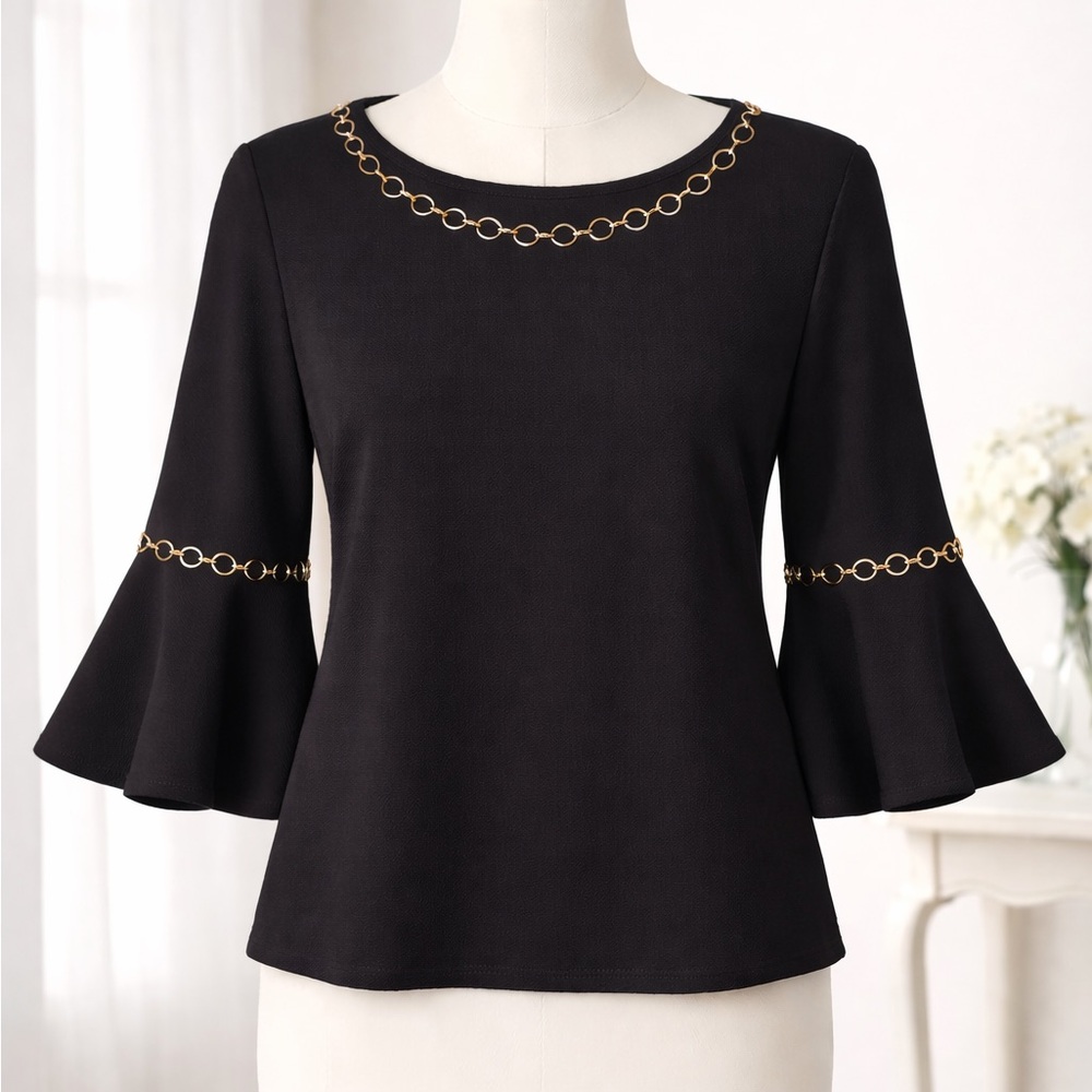 Moa Moa Elegant Black Blouse with Chain Trim